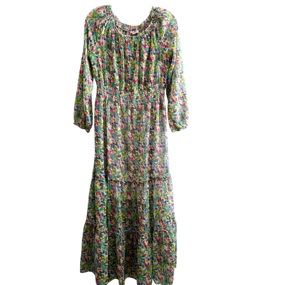 Falling Flower Womens Floral Multicolor Tiered Dress Cottagecore Whimsical Small